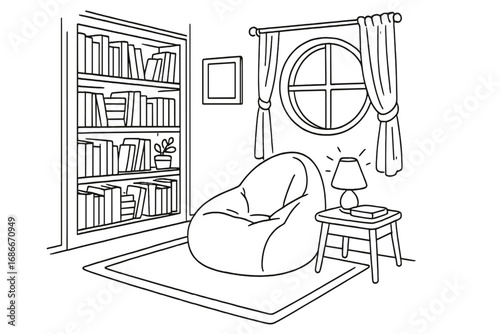 Cozy reading nook line art. Home interior with bean bag chair and bookshelf. Concept of relaxation, comfort, and hygge. Vector cartoon illustration for coloring book page.