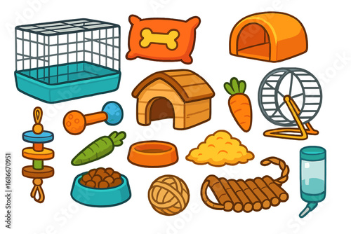 Pet shop vector set for small animals. Hamster, gerbil or guinea pig care accessories. Cartoon collection of equipment with cage, wheel, food and toys for rodent home.