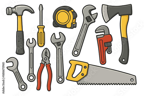 Construction tools set for repair and home improvement. Carpenter and handyman equipment collection. Hammer, saw, wrench, screwdriver icons. Vector cartoon clip art illustration.