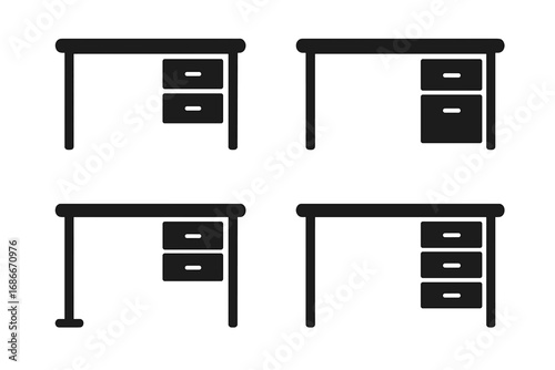 Set of minimalist silhouette office desk icons with drawers, vector cartoon illustrations with transparent backgrounds, ordered office furniture collection, modern workspace design