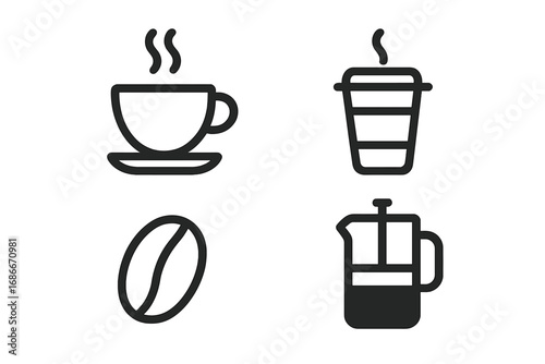 Coffee icon set vector illustration. Minimalist line art pictograms. Hot drink, coffee cup, bean, french press, takeaway symbols for cafe menu, web, app design, and logo.