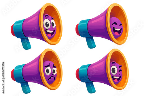 3D megaphone character mascot set with funny cartoon faces. Vector icons with happy, sad, and laughing emoji expressions for communication, announcement, and promotion concepts.