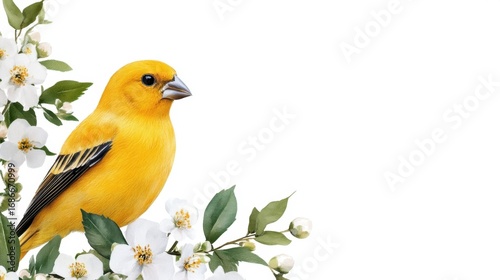 Yellow watercolor bird perched with green leaves and soft spring flowers in isolated floral decor