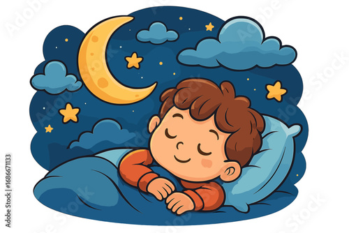 Cute cartoon child sleeping in bed. Boy dreaming under a dreamy night sky with crescent moon and stars. Vector illustration concept for bedtime, sweet dreams, nursery, and rest.