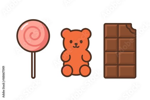 Cute candy collection vector icon set. Minimalist cartoon illustration of a swirl lollipop, gummy bear, and bitten chocolate bar. Sweet dessert food and snack graphic elements.