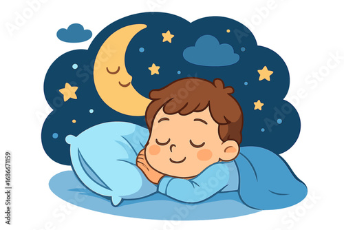 Cute cartoon child sleeping with dreamy night sky and moon. Baby boy dreaming peacefully. Bedtime story concept. Sweet dreams. Good night. Vector character illustration for kids.