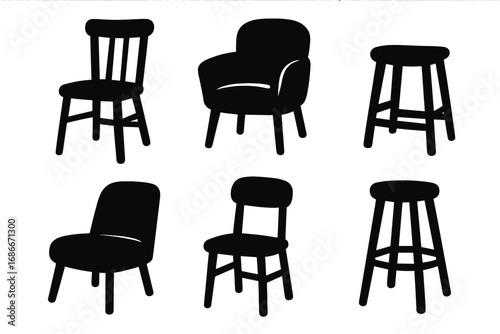 Set of six black silhouette chairs and stools on white background, vector cartoon illustration, transparent background, ordered furniture collection, seating icons