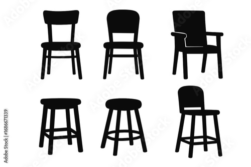 Set of Six Black Silhouette Chairs and Stools on White Background, Vector Cartoon Illustration, Transparent Background, Simple Modern and Classic Seating Collection