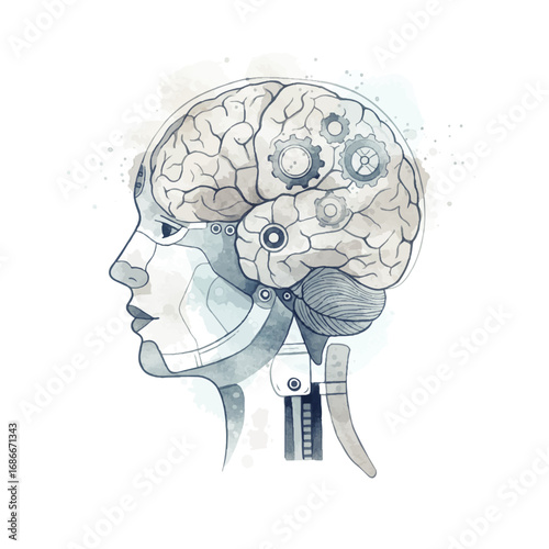 Intricate illustration of a cyborg with gears in its brain, innovation and technology concept