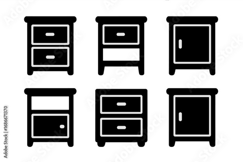 Set of six minimalist black silhouette nightstand icons, bedside table vector illustrations with drawers and cabinet doors, modern furniture symbols on transparent background