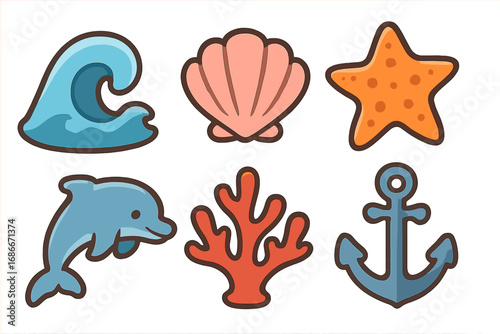 Cute nautical icon set with wave, shell, starfish, dolphin, coral, and anchor. Vector cartoon illustration collection of marine and sea symbols for kids. Underwater life.