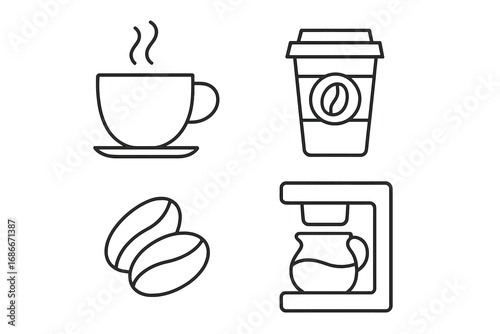 Coffee icon set linear style. Vector collection of thin line symbols. Cup, mug, takeaway, beans, coffee maker. For cafe menu, web design, app. Hot drink pictogram.