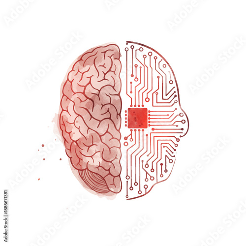 Brain meets AI: Watercolor illustration of human mind merging with technology