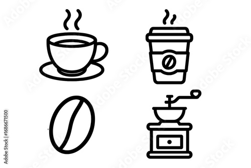 Coffee icon set vector line art. Simple outline symbols of coffee cup, takeaway mug, bean, grinder. For cafe menu, web design, apps. Beverage, caffeine, espresso concept.