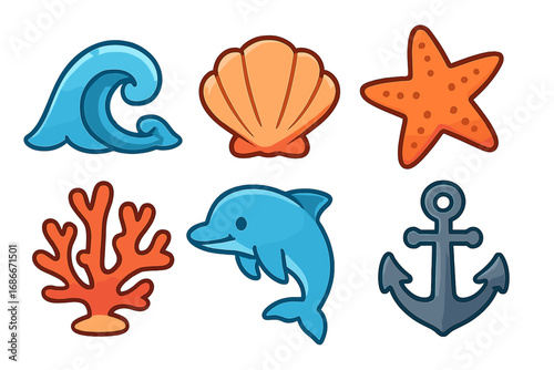 Cute nautical icons set with wave, shell, starfish, dolphin, coral, anchor. Vector cartoon illustration of marine sea life symbols for summer beach and ocean travel design.