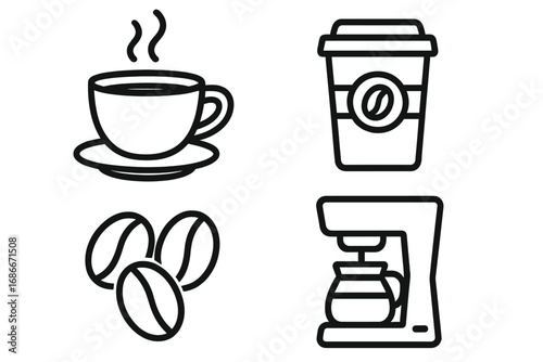 Coffee icon set vector outline. Line art symbols of coffee cup, mug, beans, and coffee maker. For cafe menu, graphic design, web, and mobile apps. Breakfast drink concept.