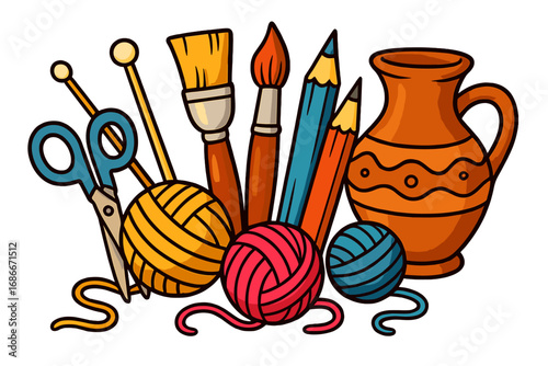 Arts and crafts supplies concept. Handmade hobby tools illustration. Knitting, painting, drawing, and pottery creative workshop items. Yarn, brush, pencil, scissors, and pot.