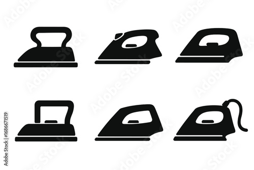 Set of Six Minimalist Iron Silhouettes, Vector Cartoon Illustrations with Transparent Background, Household Appliance Icons, Ordered Collection for Design