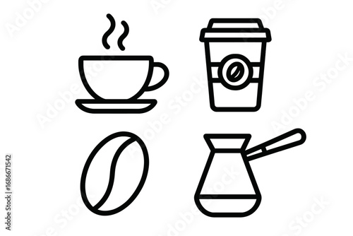 Coffee icon set simple line art. Vector outline symbols for cafe menu or web design. Hot drink, espresso, cappuccino cup, takeaway mug, roasted bean, and cezve pictogram.