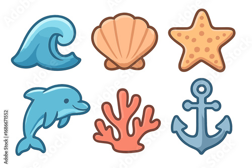 Cute nautical icons set. Cartoon vector illustration of marine and ocean symbols. Includes wave, shell, starfish, dolphin, coral, and anchor. Sea life collection for kids.