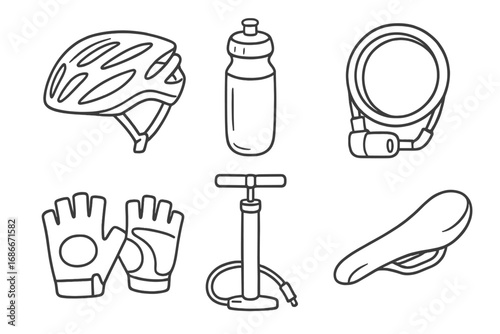 Cycling gear outline icon set. Bicycle accessories collection with helmet, water bottle, lock, pump, gloves, saddle. Vector line art illustration for sport and active lifestyle.