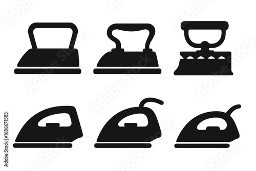 Set of six minimalist iron silhouettes, vintage and modern flat vector icons, iron appliances clipart with transparent background, household and laundry equipment graphics