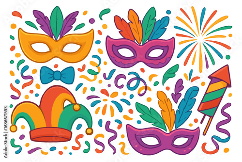 Set of cartoon carnival elements. Festive party collection with masquerade mask, jester hat, feathers, confetti, and fireworks for Mardi Gras celebration or holiday event design.