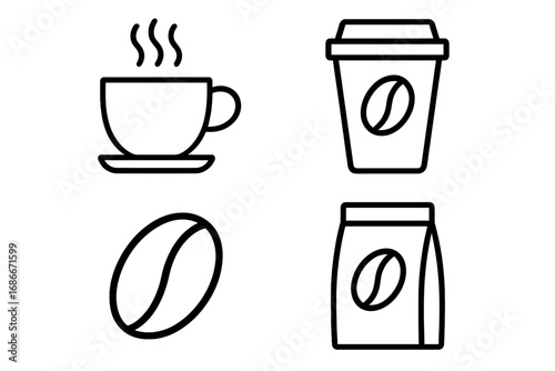 Coffee line icon set. Vector outline illustration. Hot drink, mug, takeaway cup, bean, package. Cafe, cafeteria, coffee shop sign. For menu, logo, web, mobile app design, ui, ux.