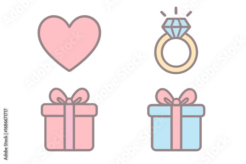 Love icons set. Heart, engagement diamond ring, gift present box. Cute pastel cartoon symbols for Valentine's day, wedding, anniversary. Romance, celebration vector graphics.