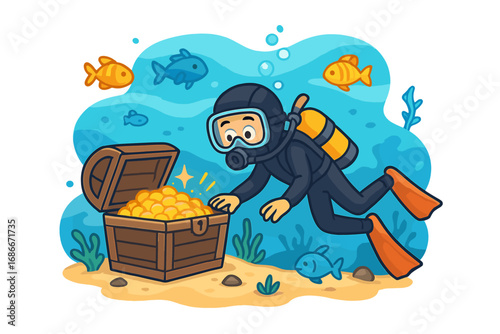 Diver finds treasure chest with gold coin underwater in ocean. Scuba diving exploration. Cartoon vector illustration of a man discovering sunken pirate treasure on sea bottom.