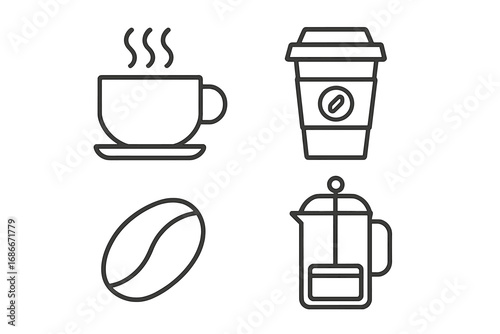 Coffee line icon set. Vector outline pictogram collection for cafe menu, web, apps. Simple symbols of a hot drink, steaming mug, takeaway cup, coffee bean, french press brewer.