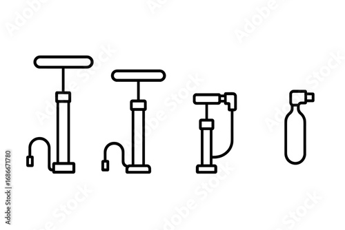 Bicycle pump icons set. Vector line art of bike maintenance tools. Includes floor pump, mini pump, and CO2 inflator. Tire inflation equipment symbol collection for cycling.