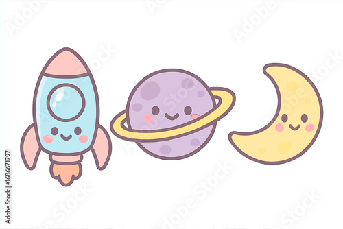 Kawaii space collection with cute cartoon rocket, smiling planet and happy moon. Vector icon set in pastel colors. Children's astronomy characters for baby nursery design.