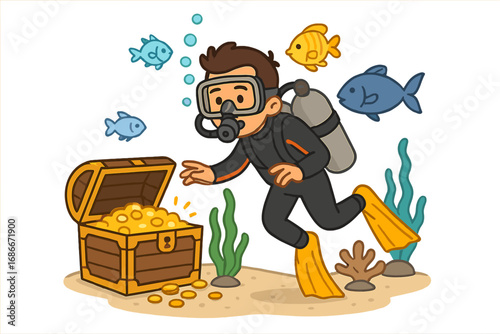 Scuba diver finding underwater treasure chest of gold coins. Sea exploration adventure concept. Man discovering hidden fortune, wealth, luck. Vector cartoon illustration.