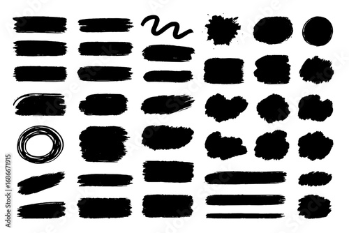 Black brush strokes collection. Vector grunge artistic paint blobs and ink spots. Abstract highlights, lines, stains, shapes, and scribble circle design elements set.