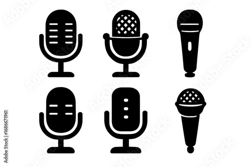 Set of six black microphone silhouettes for audio recording, podcast, broadcasting, and music production icons. Vector cartoon illustration with transparent background, ordered set design
