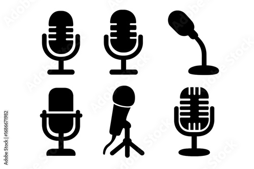 Set of six distinct microphone silhouettes for audio recording, podcasting, broadcast, voiceover, and media production designs. Vector cartoon illustration with transparent background.