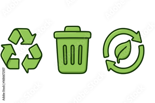 Eco-friendly waste management icon set. Green vector symbols for ecology and conservation. Recycling, trash can, and reuse leaf sign for zero waste and biodegradable concepts.