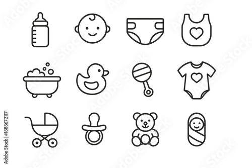 Baby icon set. Essential newborn items. Minimalist line art for parenting, childcare. Vector illustration. Stroller, bottle, diaper, pacifier, toy, clothes. Infant care concept.