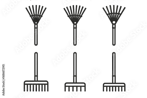 Set of six linear rake icons for gardening and landscaping tools, vector illustration with transparent background, ordered tool collection for outdoor and yard maintenance