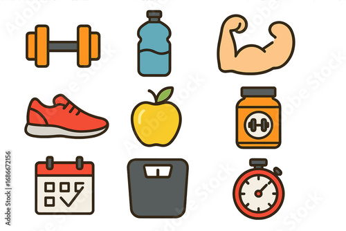 Fitness and nutrition icons for a healthy lifestyle. Flat design vector set. Gym workout, diet, sport concept. Dumbbell, apple, scale, muscle, supplements, training symbols.