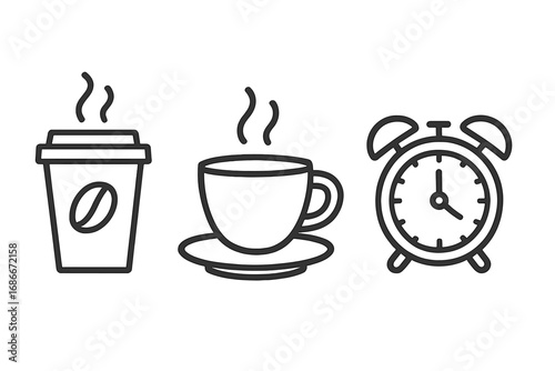 Coffee time linear icons. Morning coffee break concept. Wake up, hot drink symbol. Alarm clock, takeaway paper cup and mug with steam. Vector pictogram for web and apps.