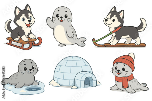 Collection of cute arctic animals. Cartoon husky puppy and baby seal characters with igloo and sled. Adorable winter wildlife vector icons for kids. Isolated graphic element set.
