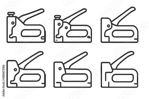 Set of six staple gun icons in simple black outline style, vector cartoon illustration with transparent background, ordered set of office and construction tools, minimal design