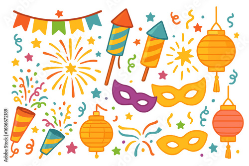 Festive celebration vector icon set. Cartoon party elements with firework, confetti popper, carnival mask, lantern. Happy new year, birthday and holiday decoration design.