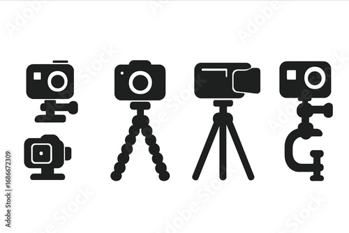 Silhouette camera icon set with various tripods and mounts, vector cartoon illustration with transparent background, ordered collection of modern photography and videography equipment symbols