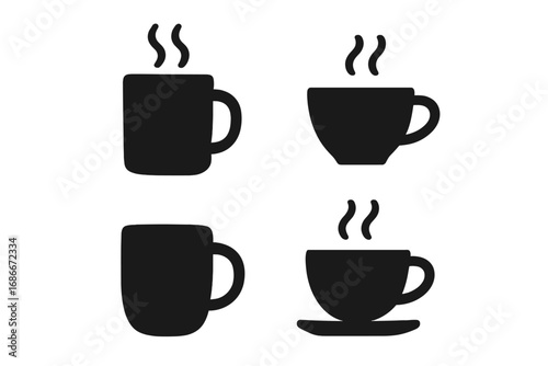 Silhouette coffee and tea mug icons set, minimalistic style vector illustration, hot beverage symbols, steaming cups, black mug collection, simple drink icons transparent background