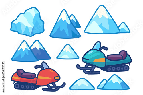 Vector set of winter elements. Cartoon snowmobile, snowy mountain peaks, and iceberg illustration. Graphic clipart for winter sports, arctic travel, and outdoor recreation design.
