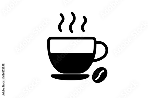 Coffee time minimalist symbol. Hot drink mug with steam and bean. Vector icon for web and graphic design, apps, banners. Espresso, cappuccino, or latte logo for cafe menu.