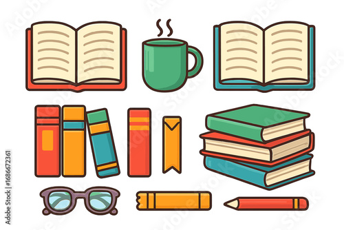 Reading and study icon collection. Vector set of book, library, education, and literature symbols. Includes open book, stack, glasses, coffee mug. For student, learning, knowledge.